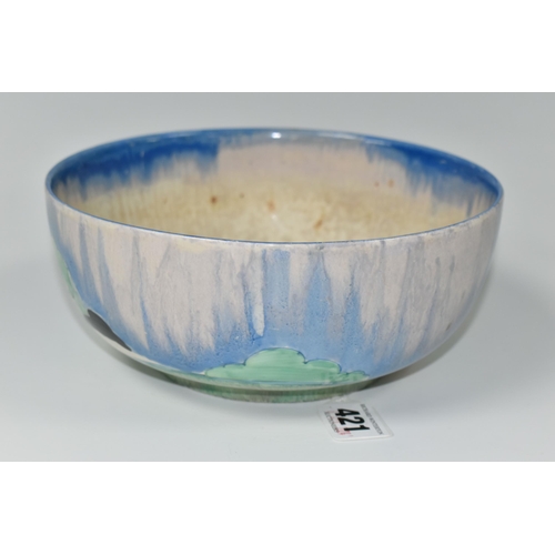 421 - A CLARICE CLIFF BIZARRE NEWLYN PATTERN BOWL, the interior with streaked blue glaze rim and worn inte... 