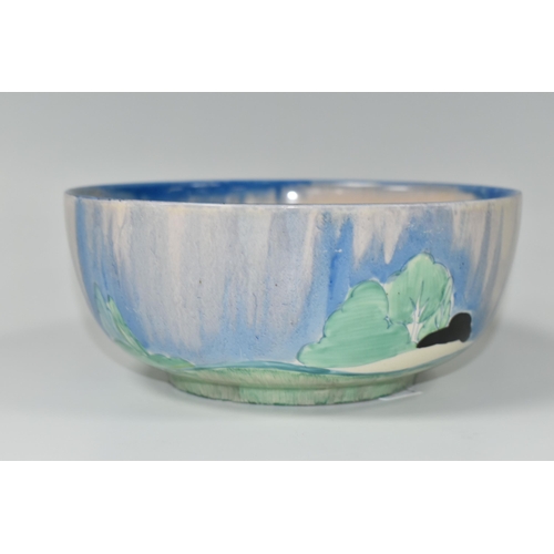 421 - A CLARICE CLIFF BIZARRE NEWLYN PATTERN BOWL, the interior with streaked blue glaze rim and worn inte... 