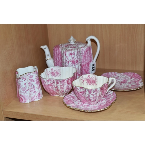 426 - AN EARLY 20TH CENTURY WILEMAN & CO ALEXANDRA SHAPE PART TEA FOR TWO SET, pink Japanese style transfe... 