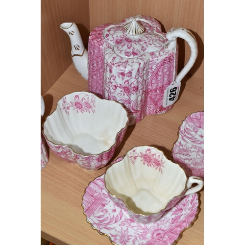 426 - AN EARLY 20TH CENTURY WILEMAN & CO ALEXANDRA SHAPE PART TEA FOR TWO SET, pink Japanese style transfe... 