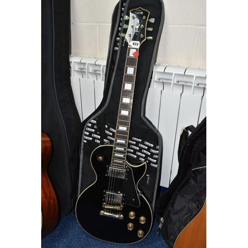 433 - A GOULD ELECRIC GUITAR, black and gold body,                                      with a Kinsman sof... 