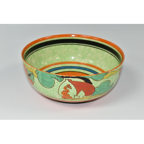 437 - A CLARICE CLIFF 'CAFÉ AU LAIT' RED ROOFS BOWL, diameter 21cm orange, blue and brown banding, black p... 