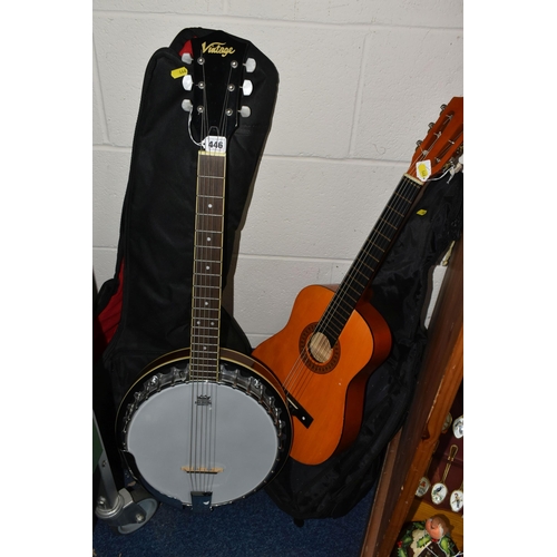 446 - A 'VINTAGE' BANJO AND CHILD'S ACOUSTIC GUITAR, comprising a six string banjo with a soft case and a ... 