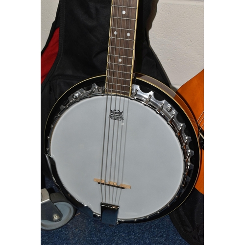 446 - A 'VINTAGE' BANJO AND CHILD'S ACOUSTIC GUITAR, comprising a six string banjo with a soft case and a ... 