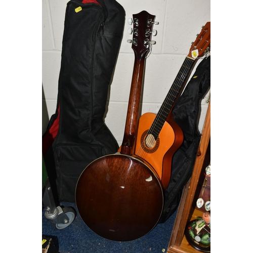 446 - A 'VINTAGE' BANJO AND CHILD'S ACOUSTIC GUITAR, comprising a six string banjo with a soft case and a ... 