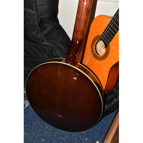 446 - A 'VINTAGE' BANJO AND CHILD'S ACOUSTIC GUITAR, comprising a six string banjo with a soft case and a ... 