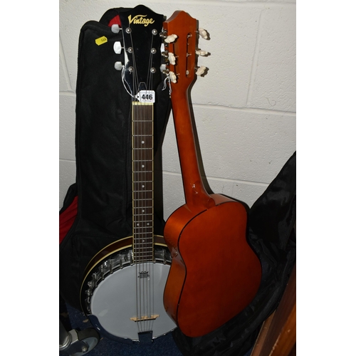 446 - A 'VINTAGE' BANJO AND CHILD'S ACOUSTIC GUITAR, comprising a six string banjo with a soft case and a ... 