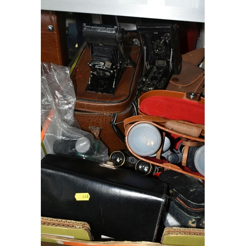 448 - THREE BOXES AND LOOSE BINOCULARS, BAKELITE AND SUNDRIES, to include a Bell & Howell Focus- Matic Aut... 