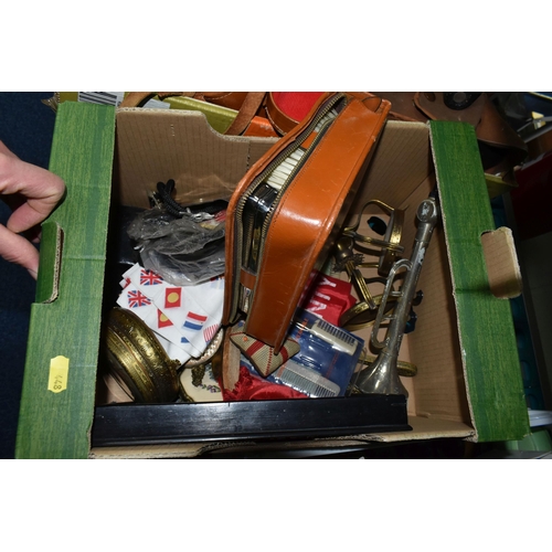 448 - THREE BOXES AND LOOSE BINOCULARS, BAKELITE AND SUNDRIES, to include a Bell & Howell Focus- Matic Aut... 