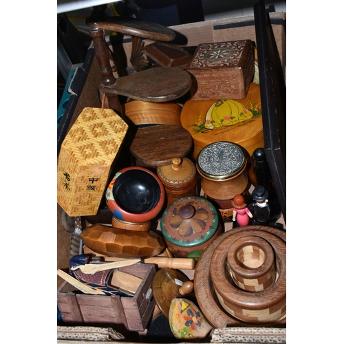 449 - FOUR BOXES OF TREEN AND MISCELLANEOUS SUNDRIES, to include a large collection of cigarette and jewel... 