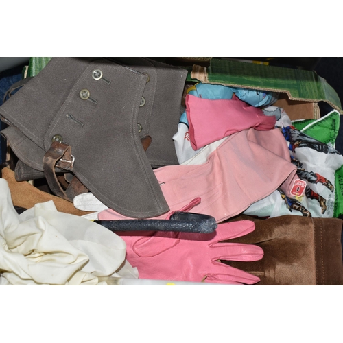 451 - TWO BOXES AND LOOSE VINTAGE CLOTHING AND SUNDRIES, to include an early 20th century two piece tail c... 