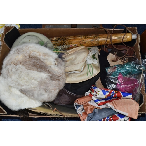 451 - TWO BOXES AND LOOSE VINTAGE CLOTHING AND SUNDRIES, to include an early 20th century two piece tail c... 