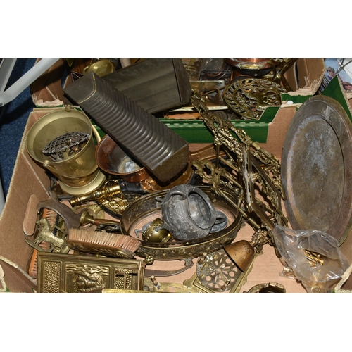 465 - TWO BOXES AND LOOSE METALWARE, to include a large circular Middle Eastern design brass serving tray/... 