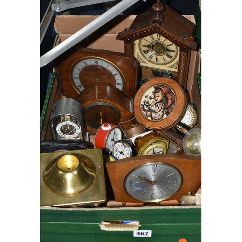 467 - ONE BOX OF CLOCKS, to include three mid-century wooden mantel clocks, a collection of alarm clocks, ... 