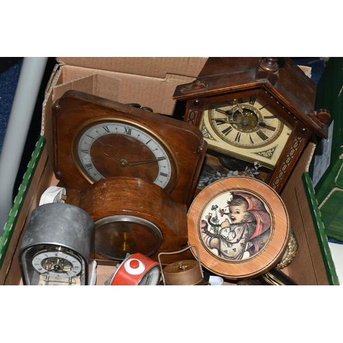 467 - ONE BOX OF CLOCKS, to include three mid-century wooden mantel clocks, a collection of alarm clocks, ... 