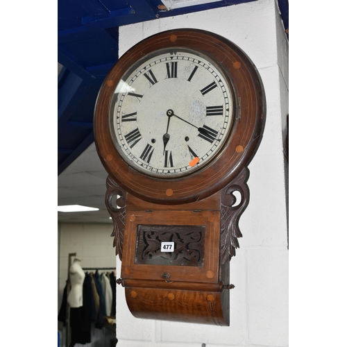 477 - A WOODEN WALL CLOCK, eight day striking with key and pendulum, height 65cm, clock winds (1) (Conditi... 