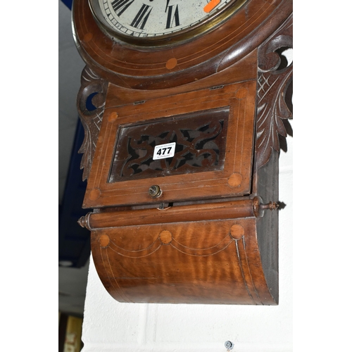 477 - A WOODEN WALL CLOCK, eight day striking with key and pendulum, height 65cm, clock winds (1) (Conditi... 