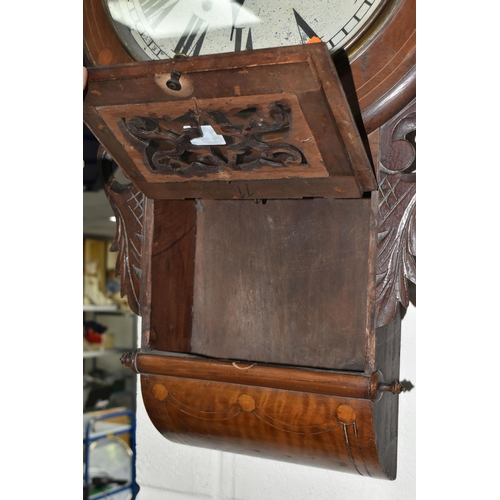 477 - A WOODEN WALL CLOCK, eight day striking with key and pendulum, height 65cm, clock winds (1) (Conditi... 