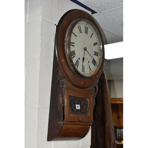 477 - A WOODEN WALL CLOCK, eight day striking with key and pendulum, height 65cm, clock winds (1) (Conditi... 