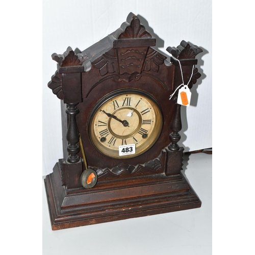 483 - A AMERICAN MANTEL CLOCK, made by The Ansonia Clock Company - New York, a stained pine, striking gong... 