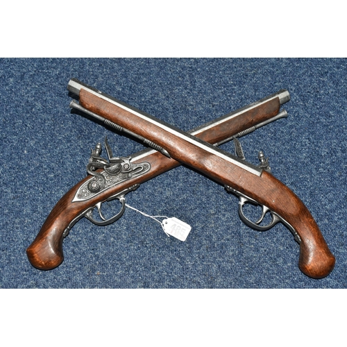 485 - A PAIR OF REPLICA, ORNAMENTAL FLINTLOCK PISTOLS, length 43cm (2) (Condition Report: both appear in g... 