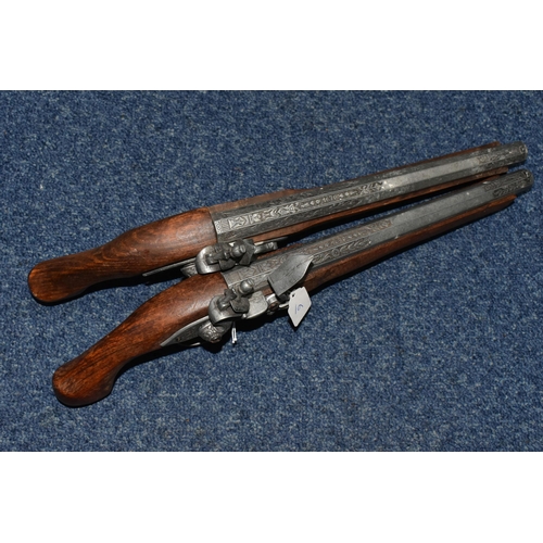 485 - A PAIR OF REPLICA, ORNAMENTAL FLINTLOCK PISTOLS, length 43cm (2) (Condition Report: both appear in g... 