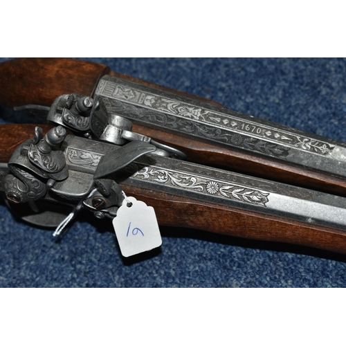 485 - A PAIR OF REPLICA, ORNAMENTAL FLINTLOCK PISTOLS, length 43cm (2) (Condition Report: both appear in g... 