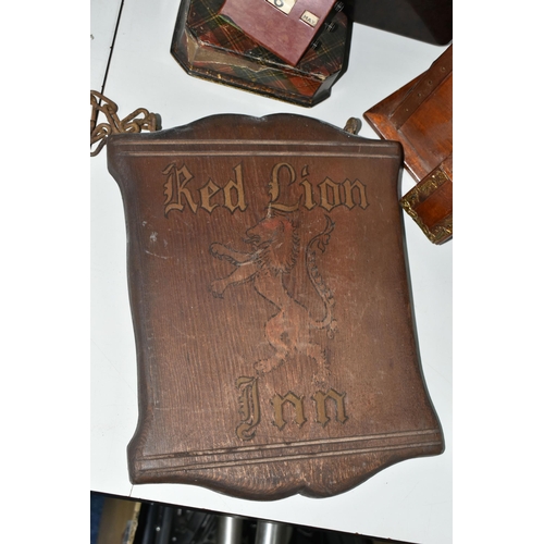 486 - A GROUP OF COLLECTABLES AND BAKELITE, comprising a wooden 'Red Lion Inn' hanging sign, a Bakelite de... 