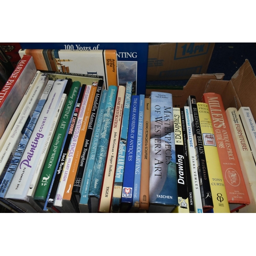 495 - THREE BOXES OF HARDBACK AND PAPERBACK BOOKS, including art, drawing, painting, woodwork, novels, tra... 