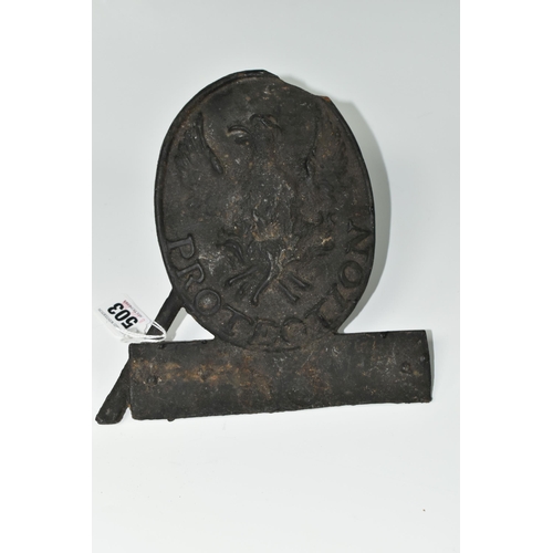 503 - A CAST IRON FIREMARK, plaque image of a Phoenix with the word Protection underneath, some damage to ... 