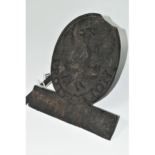 503 - A CAST IRON FIREMARK, plaque image of a Phoenix with the word Protection underneath, some damage to ... 