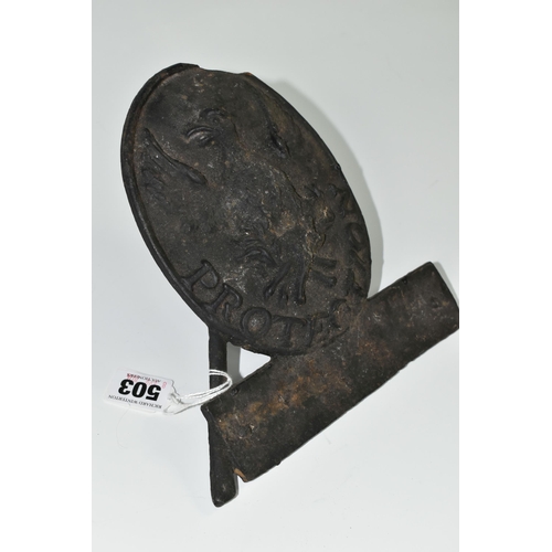 503 - A CAST IRON FIREMARK, plaque image of a Phoenix with the word Protection underneath, some damage to ... 