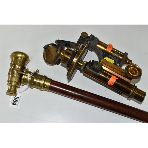 504 - A REPRODUCTION WALKING CANE FITTED WITH BRASS TELESCOPE, length with telescope open 92cm, together w... 