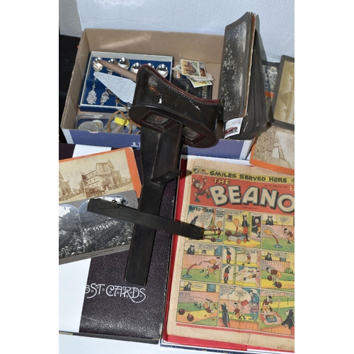 505 - A GROUP OF EPHEMERA INCLUDING STEREOSCOPIC VIEWER, EDWARDIAN POSTCARD ALBUM AND CONTENTS, ETC, the p... 