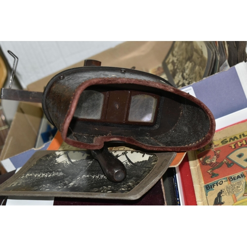 505 - A GROUP OF EPHEMERA INCLUDING STEREOSCOPIC VIEWER, EDWARDIAN POSTCARD ALBUM AND CONTENTS, ETC, the p... 