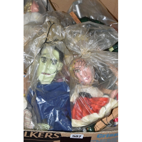 507 - A BOX CONTAINING A PELHAM PINOCCHIO PUPPET AND ELEVEN HOMEMADE PUPPETS, Pinocchio unboxed, the other... 