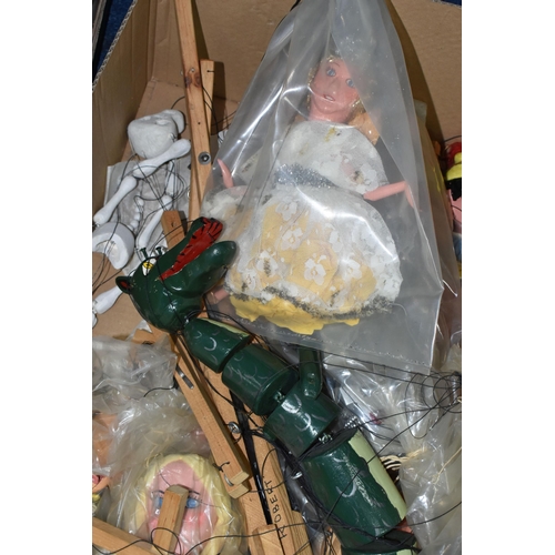 507 - A BOX CONTAINING A PELHAM PINOCCHIO PUPPET AND ELEVEN HOMEMADE PUPPETS, Pinocchio unboxed, the other... 