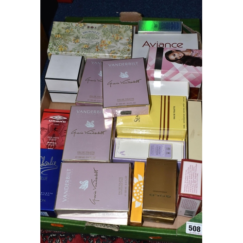 508 - A BOX OF BOXED PERFUMES AND SOAPS, including six sealed boxes of 100ml Vanderbilt eau de toilette an... 