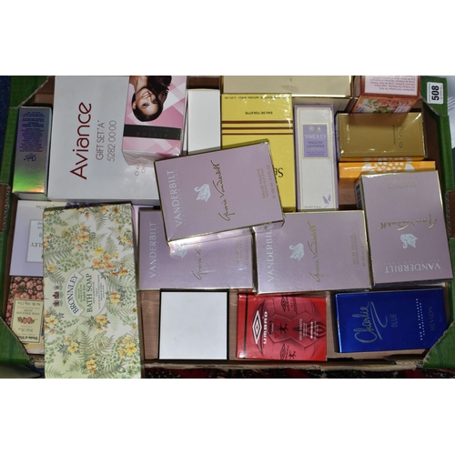 508 - A BOX OF BOXED PERFUMES AND SOAPS, including six sealed boxes of 100ml Vanderbilt eau de toilette an... 