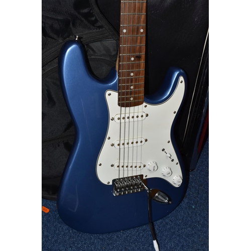 510 - AN ENCORE SIX STRING ELECTRIC GUITAR, metallic blue and white, length 100cm approx., with a Ritter s... 