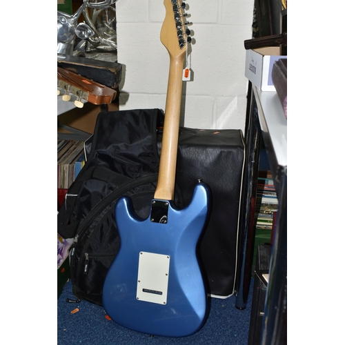 510 - AN ENCORE SIX STRING ELECTRIC GUITAR, metallic blue and white, length 100cm approx., with a Ritter s... 