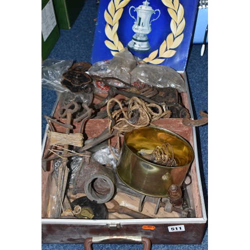 511 - A CASE CONTAINING VINTAGE METAL ITEMS AND A 1972 FA CUP FOLDER OF ESSO MEDALS, ETC, the metal items ... 