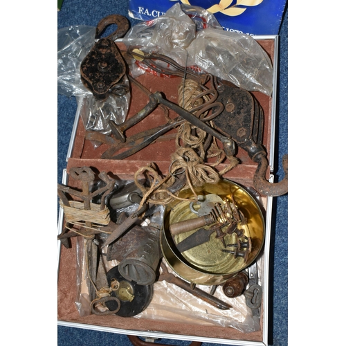 511 - A CASE CONTAINING VINTAGE METAL ITEMS AND A 1972 FA CUP FOLDER OF ESSO MEDALS, ETC, the metal items ... 