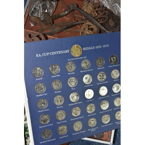 511 - A CASE CONTAINING VINTAGE METAL ITEMS AND A 1972 FA CUP FOLDER OF ESSO MEDALS, ETC, the metal items ... 