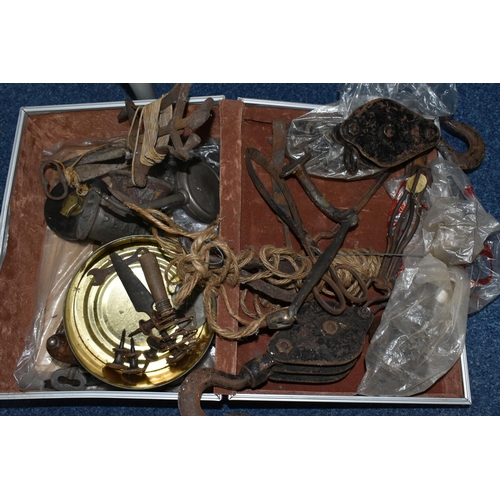 511 - A CASE CONTAINING VINTAGE METAL ITEMS AND A 1972 FA CUP FOLDER OF ESSO MEDALS, ETC, the metal items ... 