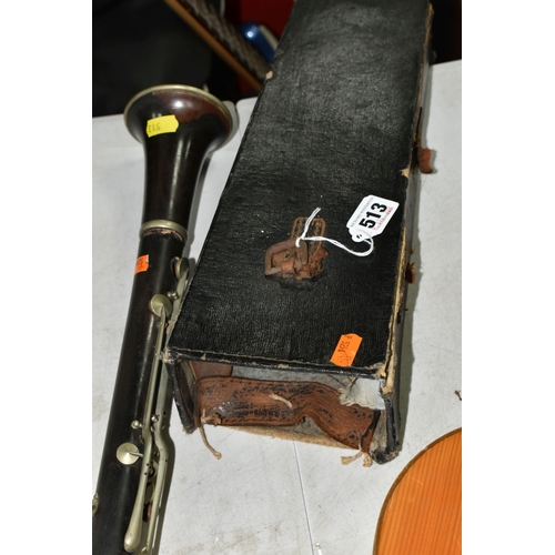 513 - A METZLER & CO OF LONDON WOODEN CLARINET, makers name stamped to the two lower sections, length 65cm... 