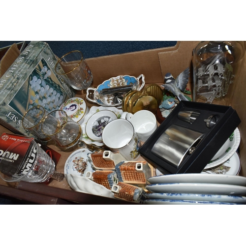 516 - TWO BOXES OF CERAMICS, GLASS, BOOKS, STAMPS, ETC, including three Stratton powder compacts, ship in ... 