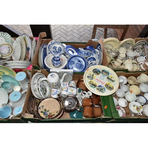 518 - SIX BOXES OF CERAMICS, to include Burleigh Ware tea set,  Jerome Massier floral tea plates, Denby te... 