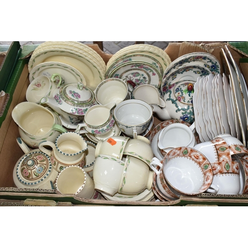 518 - SIX BOXES OF CERAMICS, to include Burleigh Ware tea set,  Jerome Massier floral tea plates, Denby te... 