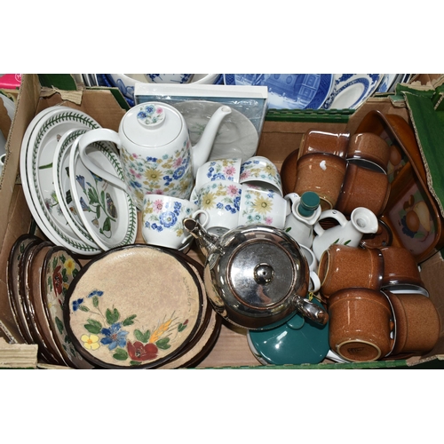 518 - SIX BOXES OF CERAMICS, to include Burleigh Ware tea set,  Jerome Massier floral tea plates, Denby te... 